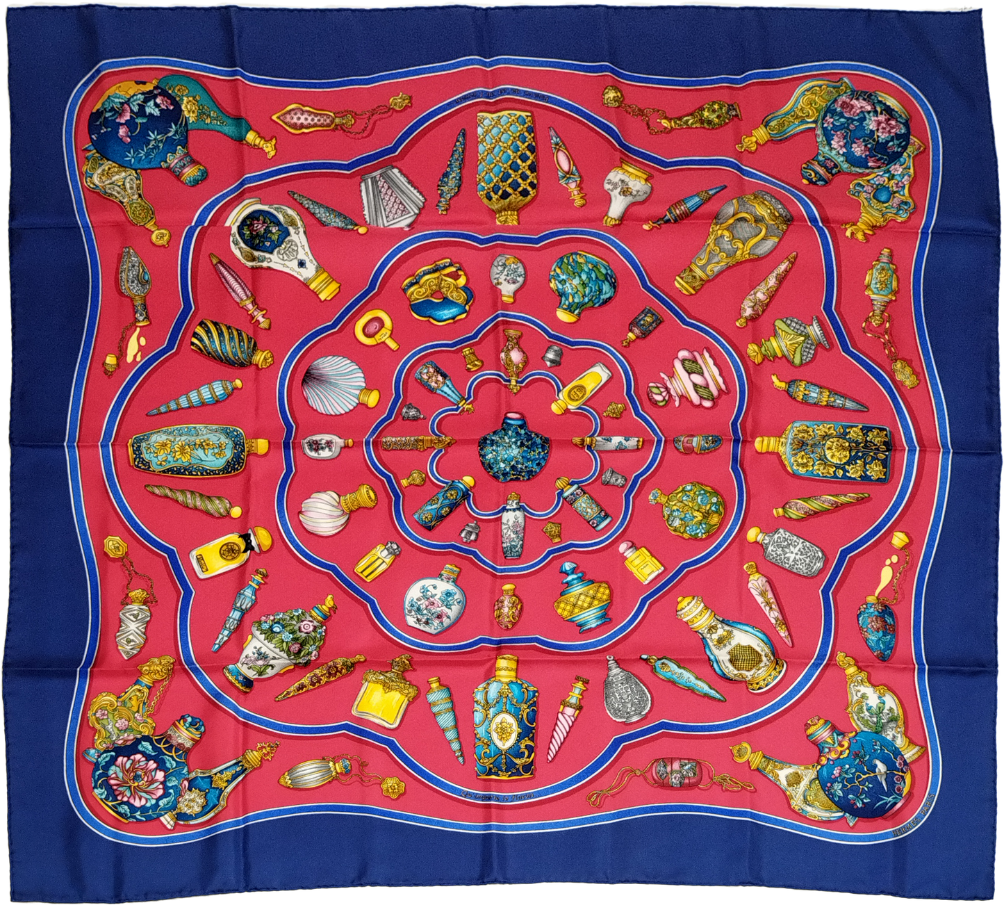 HERMÈS, SILK CARRE, QU IMPORTE LE FLACON BY CATHERINE BASCHET, FIRST ISSUED 1988, 90cm SQUARE. (BLUE)