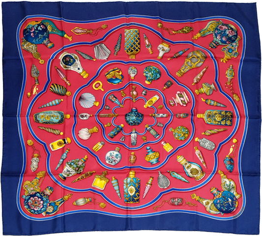 HERMÈS, SILK CARRE, QU IMPORTE LE FLACON BY CATHERINE BASCHET, FIRST ISSUED 1988, 90cm SQUARE. (BLUE)