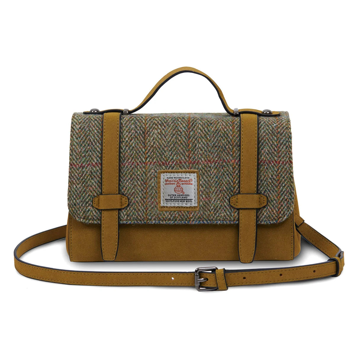 ORKNEY HANDBAG WITH SHOULDER STRAP, CHESTNUT HERRINGBONE HARRIS TWEED TARTAN, L:25cm H:15cm W:10cm