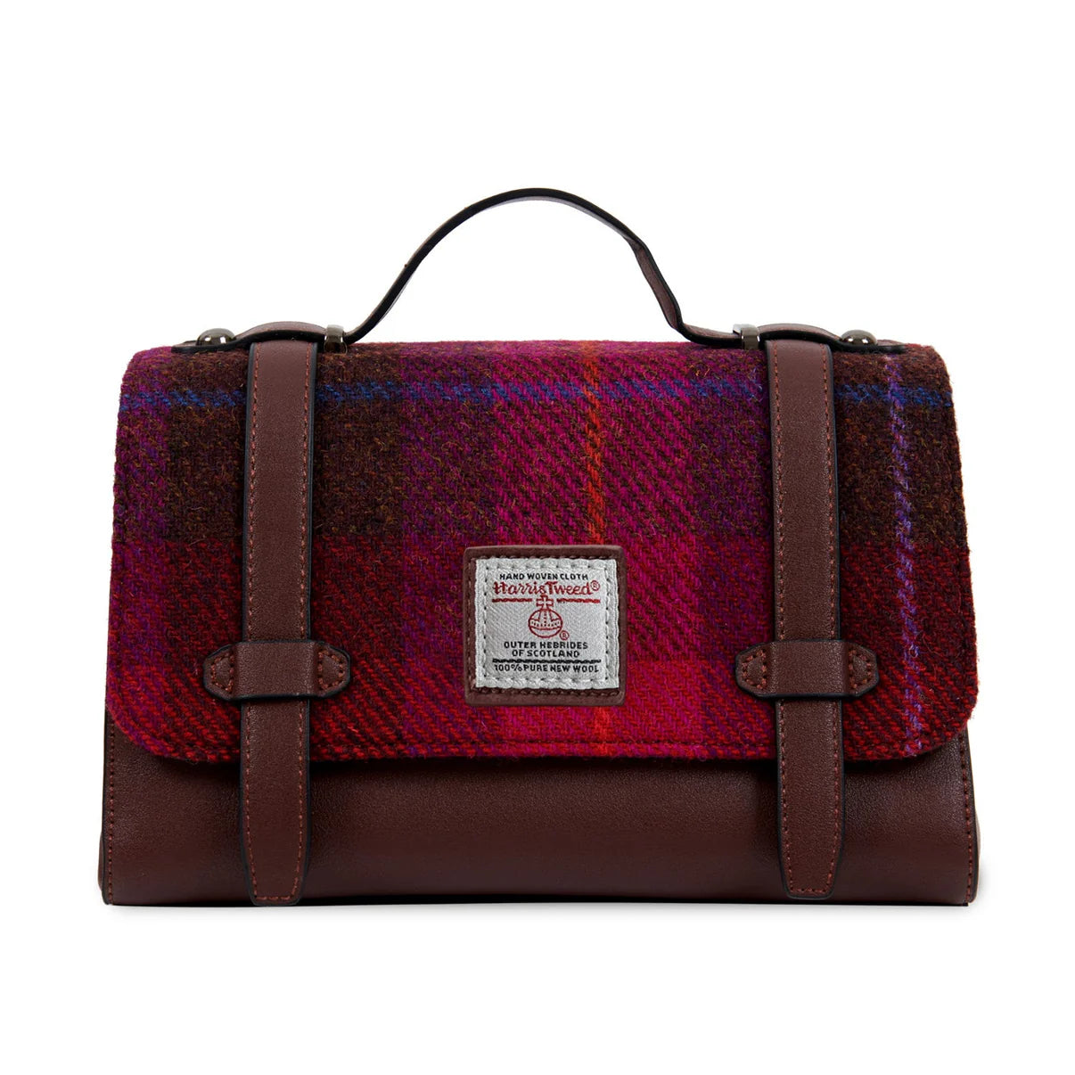 ORKNEY HANDBAG WITH SHOULDER STRAP, FUCHSIA HARRIS TWEED TARTAN, L:25cm H:15cm W:10cm