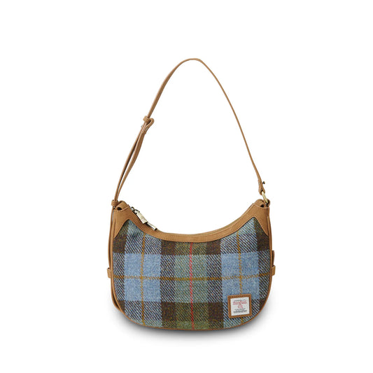 ISLANDER UK, ELLON SHOULDER BAG IN HARRIS TWEED CHESTNUT BLUE TARTAN, 26cm x 7cm x 16cm.