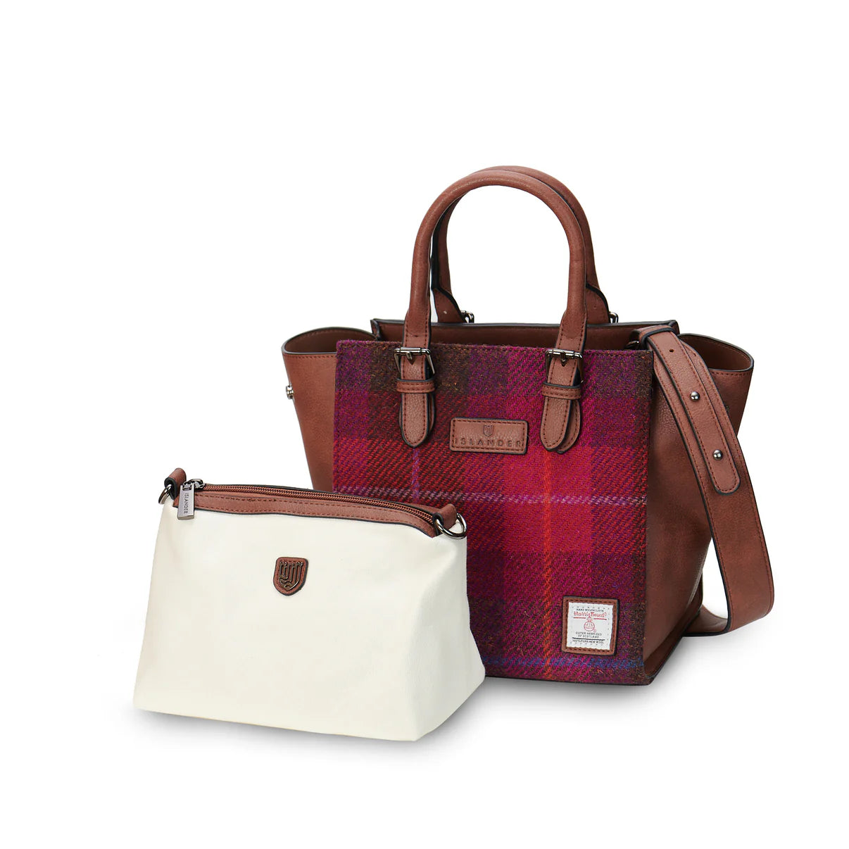 ISLANDER UK, MEDIUM CAILLIE TOTE, FUCHIA HARRIS TWEED TARTAN L:35cm W:18cm H:22cm (wings open).