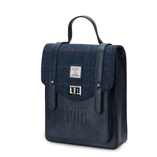 ISLANDER UK, MINI CARLOWAY BACKPACK, NAVY OVER-CHECK HARRIS TWEED TARTAN, L:20cm x W:9cm x H:25cm.