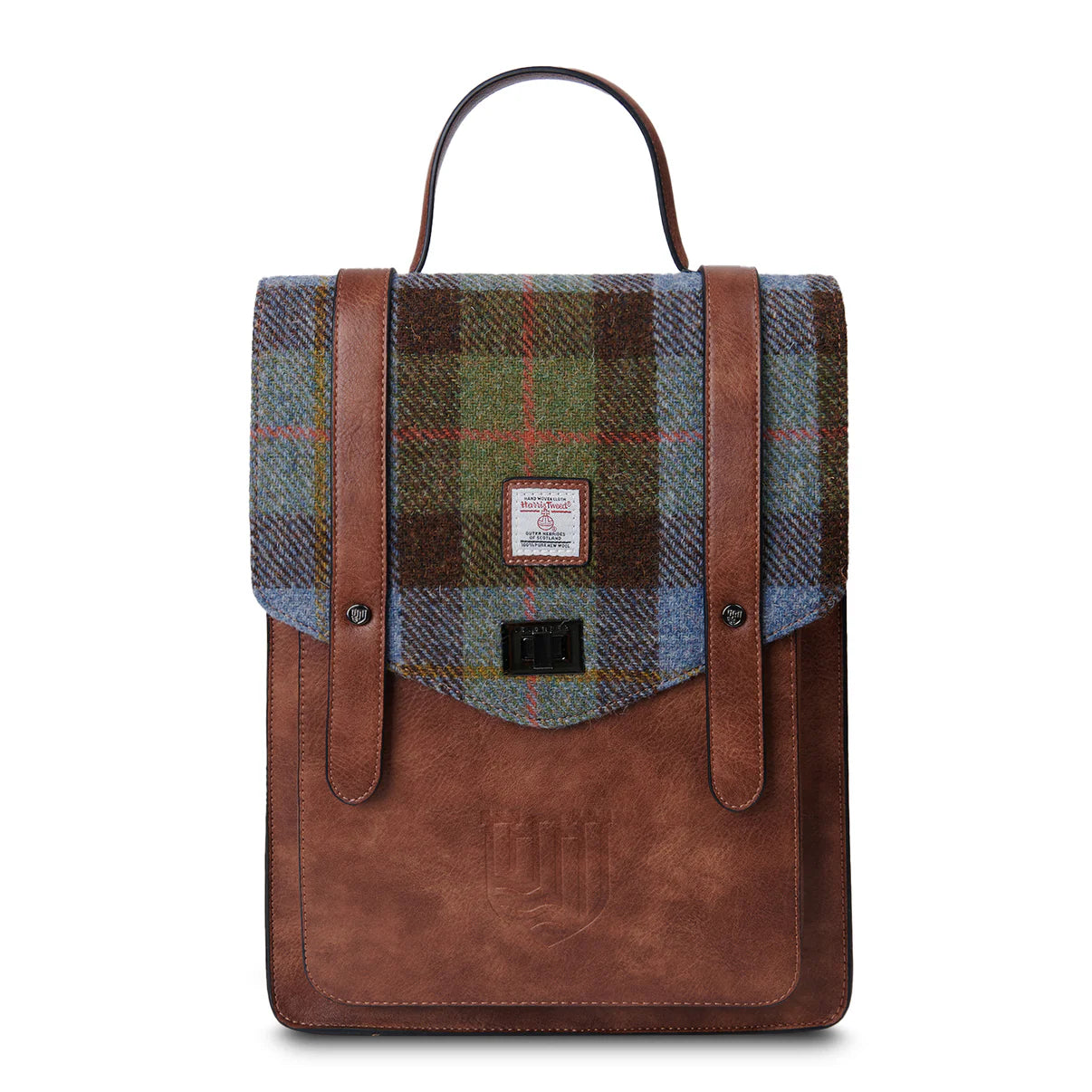 ISLANDER UK, CARLOWAY BACKPACK, CHESTNUT BLUE HARRIS TWEED TARTAN, L:28cm W:11cm H:37cm