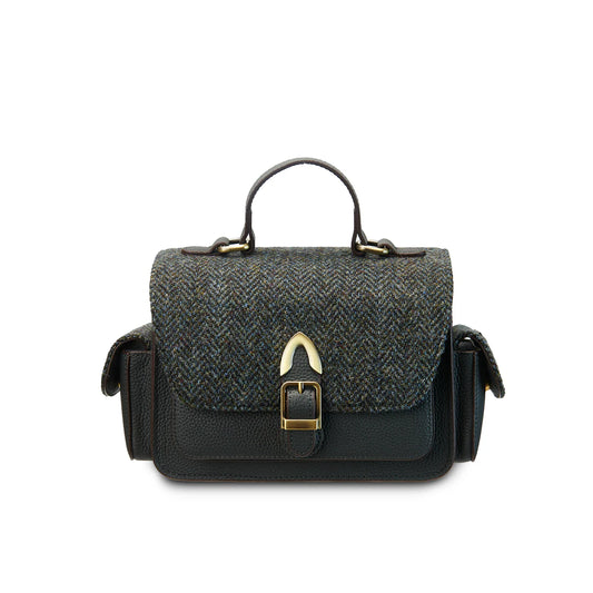ISLANDER UK, THE MELROSE CROSSBODY BAG,  BLACK-GREY HERRINGBONE HARRIS TWEED TARTAN WITH LEATHER, 26cm x 14.5cm x 13cm.