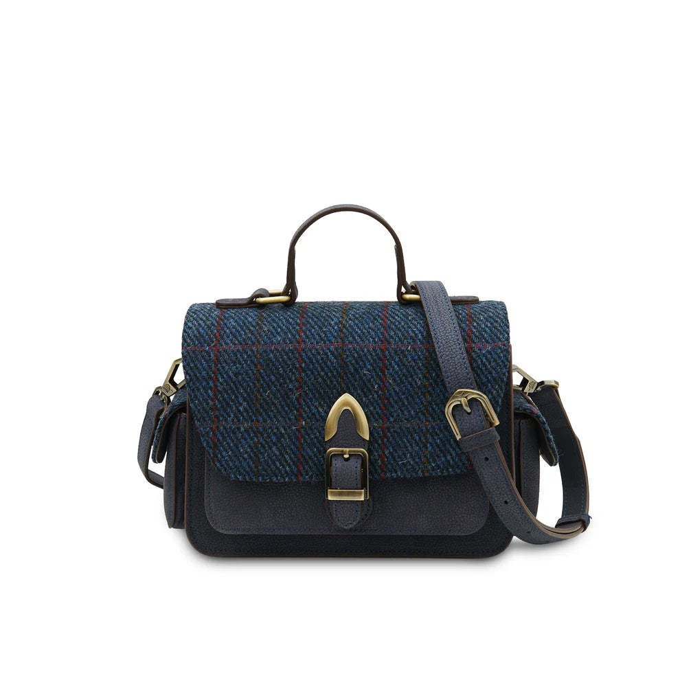 ISLANDER UK, THE MELROSE CROSSBODY BAG,  NAVY OVER CHECK HARRIS TWEED WITH LEATHER, 26cm x 14.5cm x 13cm.