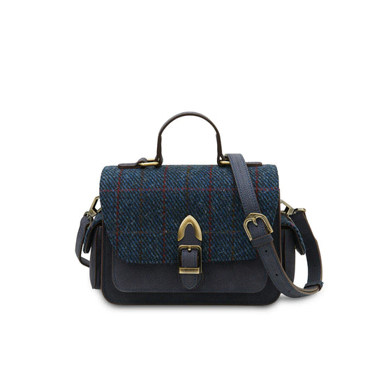 ISLANDER UK, THE MELROSE CROSSBODY BAG,  NAVY OVER CHECK HARRIS TWEED WITH LEATHER, 26cm x 14.5cm x 13cm.