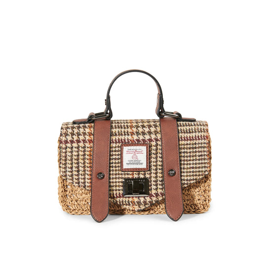 ISLANDER UK, MINI STRAW SATCHEL, BEIGE DOG-TOOTH HARRIS TWEED, 13 x 21 x 8.5cm