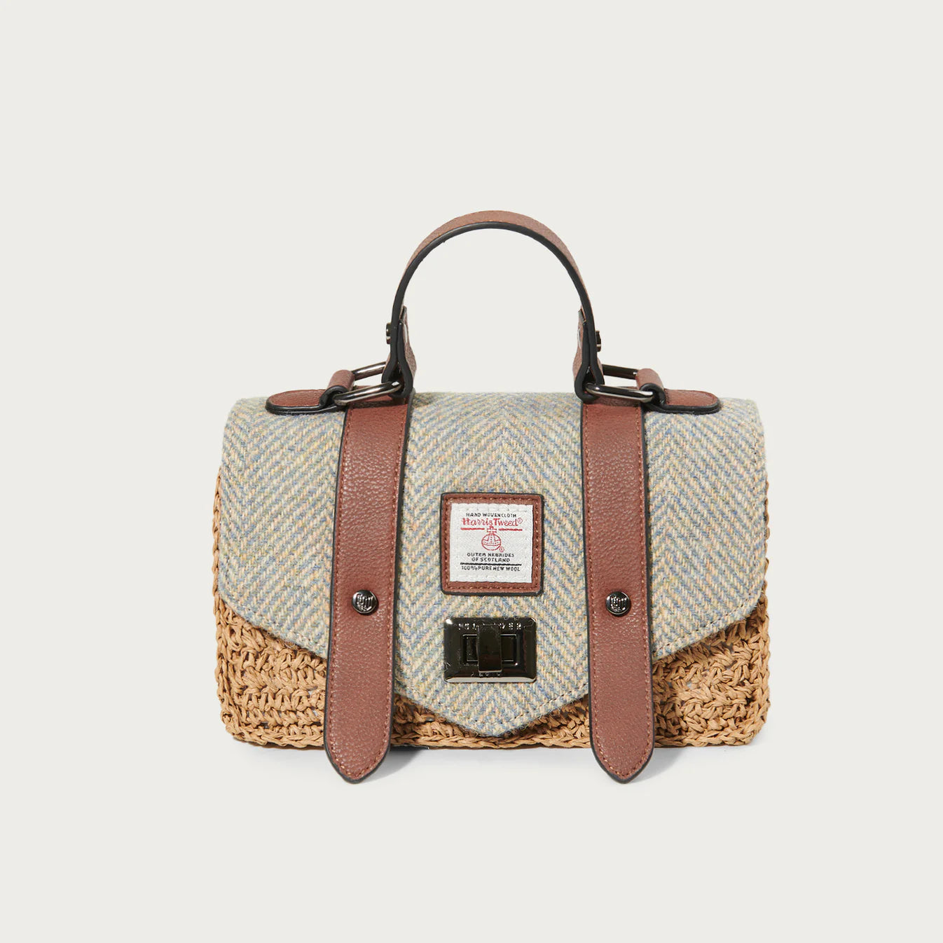 ISLANDER UK, THE MINI STRAW SATCHEL, BLUE / CREAM HERRING BONE HARRIS TWEED, H:13cm W:21cm D:8.5cm