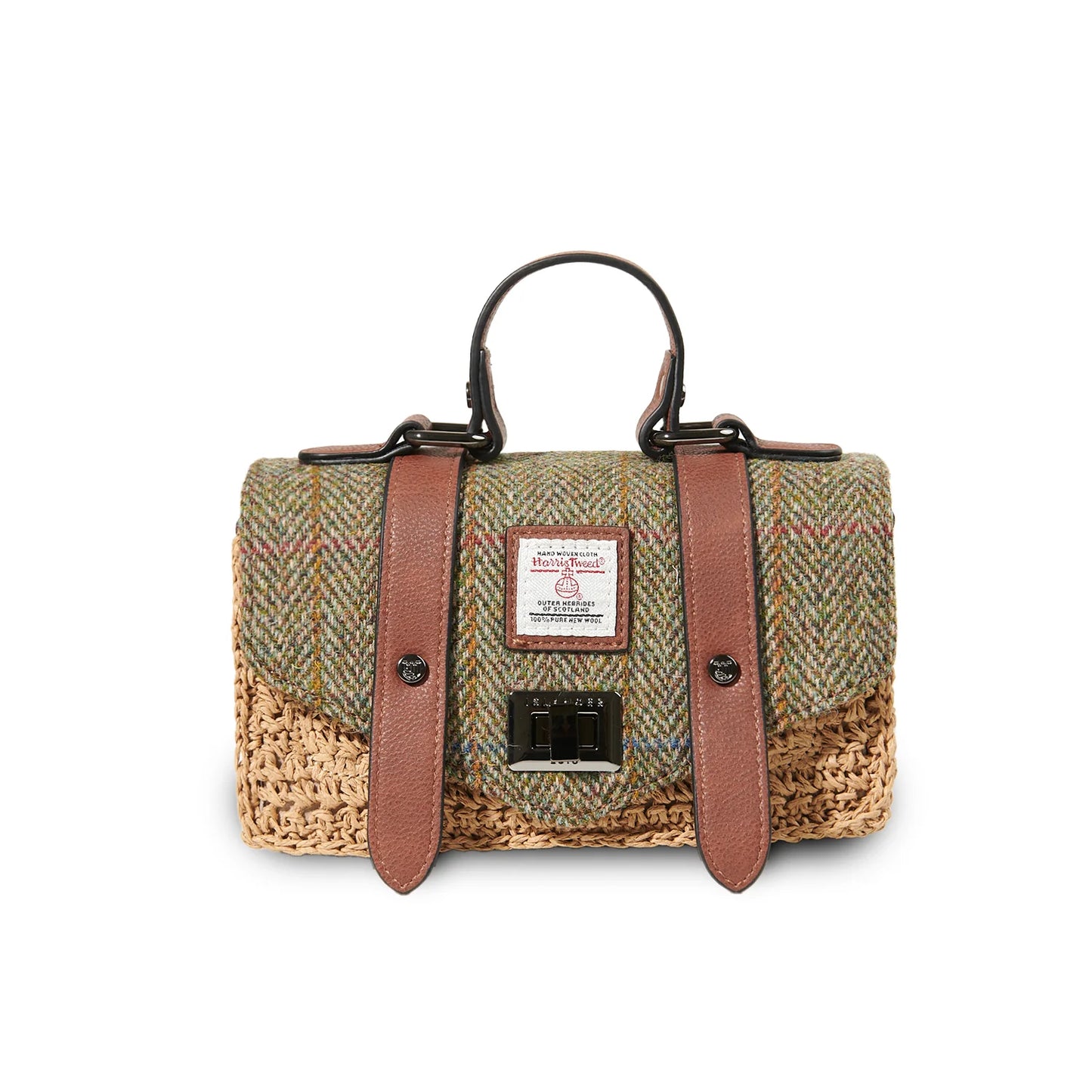 ISLANDER UK, MINI STRAW SATCHEL, CHESTNUT HERRINGBONE HARRIS TWEED, 13 x 21 x 8.5cm