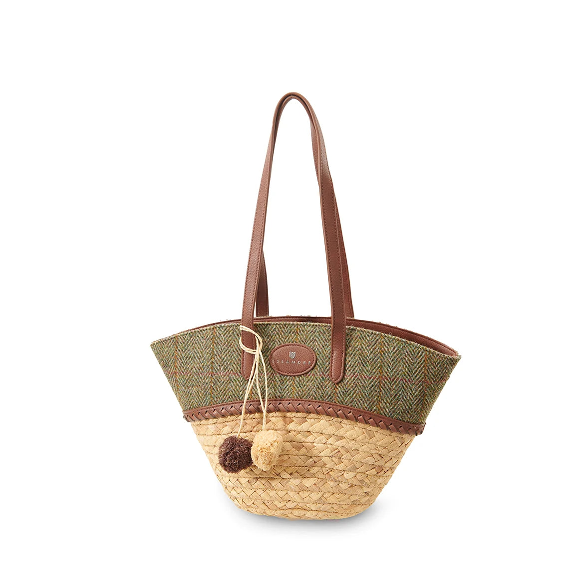 ISLANDER UK, THE STRAW BASKET BAG IN CHESTNUT HERRINGBONE HARRIS TWEED, 36 x 24 x 10cm.