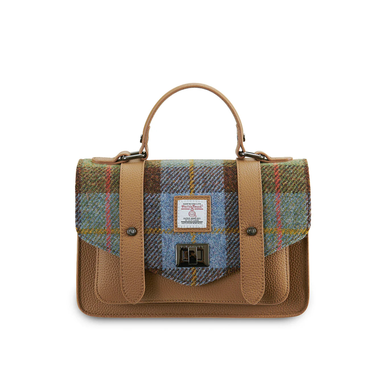 ISLANDER UK, THE LEATHER MEDIUM SATCHEL, CHESTNUT BLUE TARTAN HARRIS TWEED, 24cm x 7cm x 16cm.