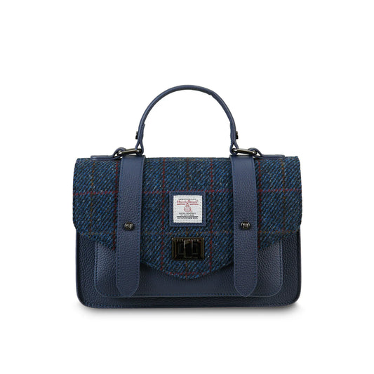 ISLANDER UK, THE LEATHER MEDIUM SATCHEL, NAVY OVERCHECK HARRIS TWEED, 24cm x 7cm x 16cm.