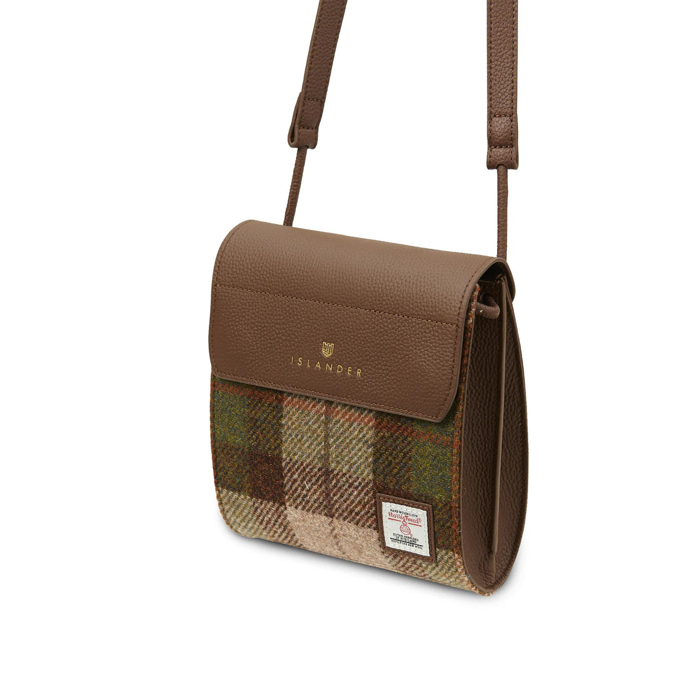 ISLANDER UK, THE EILIDH, CHESTNUT BLUE TARTAN HARRIS TWEED, 18cm x 8cm x 20cm.