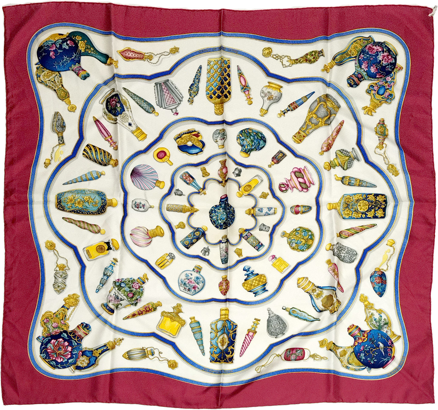 HERMÈS, SILK CARRE, QU IMPORTE LE FLACON BY CATHERINE BASCHET, FIRST ISSUED 1988, 90cm SQUARE.