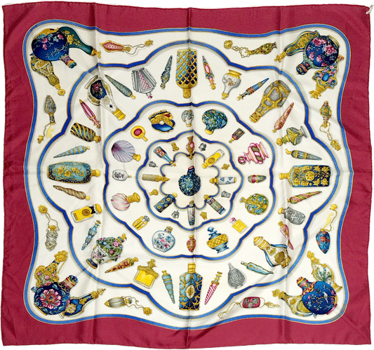 HERMÈS, SILK CARRE, QU IMPORTE LE FLACON BY CATHERINE BASCHET, FIRST ISSUED 1988, 90cm SQUARE.