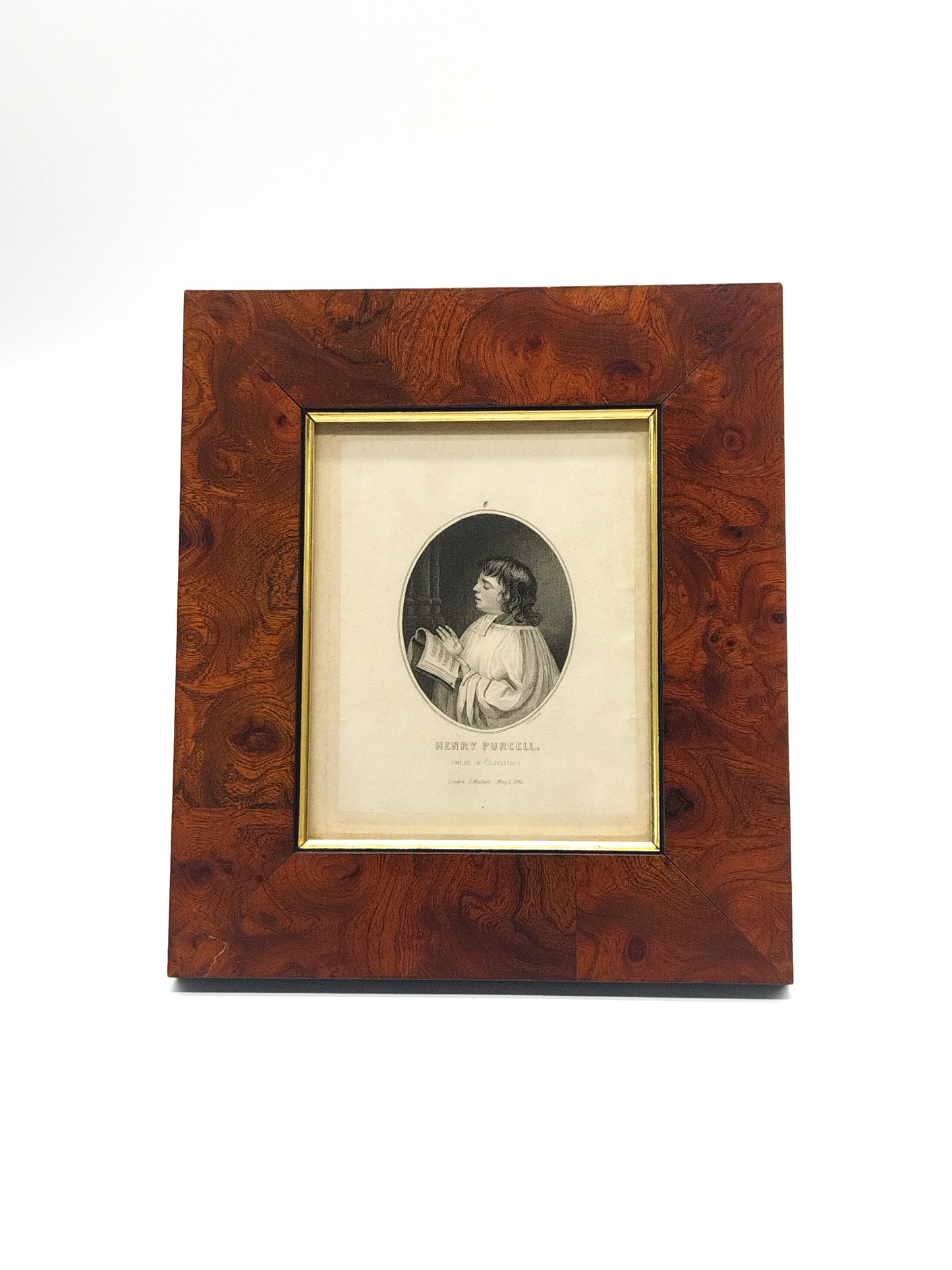 A FRAMED BOOKPLATE OF CHOIR-BOY HENRY PURCHELL, DATED 1851, IMAGE 11.5 x 14cm, FRAME 20 x 23cm.