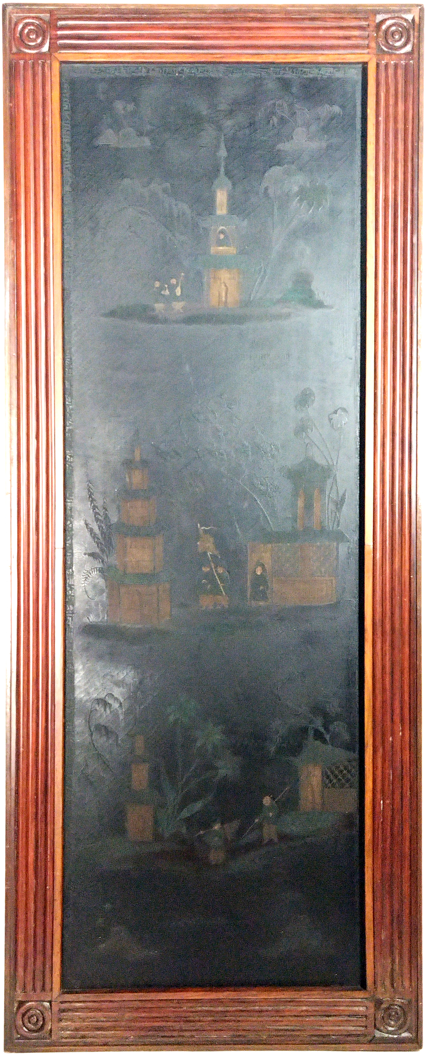 A FRAMED HAND PAINTED CHINOISERIE SCENE ON LEATHER, 154 X 62cm, 19th CENTURY.