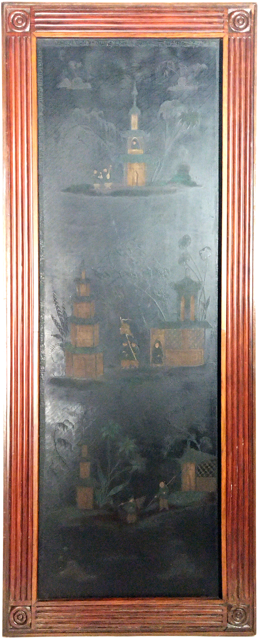 A FRAMED HAND PAINTED CHINOISERIE SCENE ON LEATHER, 154 X 62cm, 19th CENTURY.