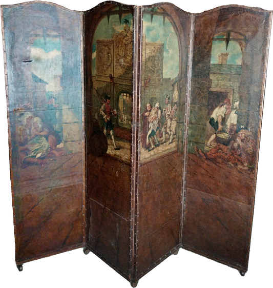 AN ANTIQUE PAINTED FOUR LEAF SCREEN WITH 'THE GATE OF CALAIS' AFTER HOGARTH, ON CASTORS, 216 x 190cm, LATE 19th CENTURY.