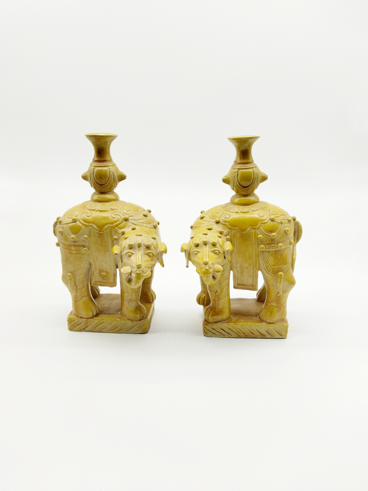 A PAIR OF ANTIQUE CHINESE CERAMIC ELEPHANT INCENSE HOLDERS WITH SALT GLAZED FINISH, HEIGHT 26cm.