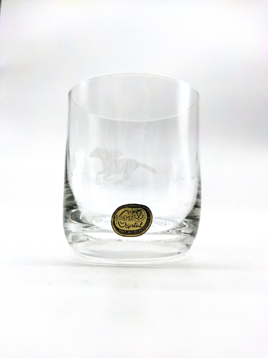 A PAIR OF BOHEMIA CRYSTAL WHISKEY GLASSES WITH ETCHED JOCKEY MOTIF, DIAMETER 7.5cm, HEIGHT 9cm.