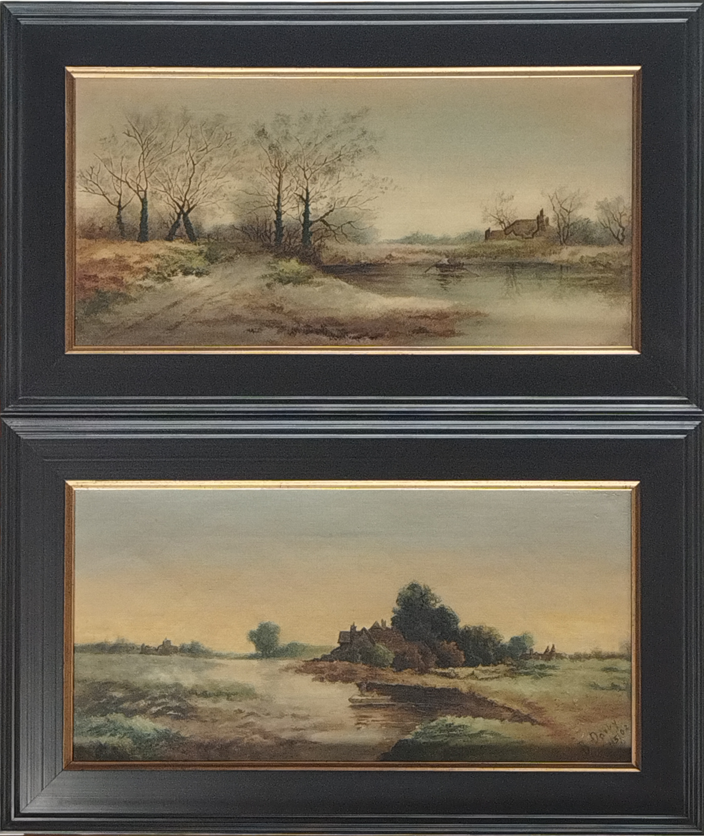 A PAIR OF ENGLISH LANDSCAPES, ONE SIGNED B. DARBY 1902, OIL ON CANVAS, 35 x 17cm, NEW CUSTOM MADE FRAME,43 x 26cm.