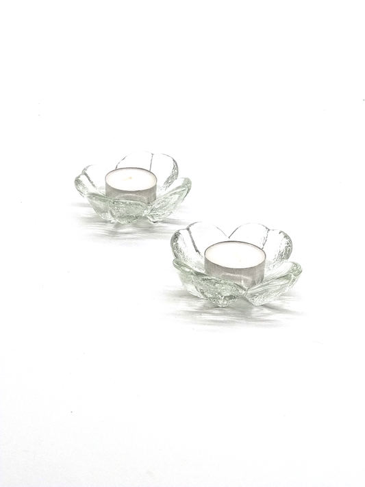 A PAIR OF ROYAL KRONA SWEDEN CRYSTAL TEA CANDLE HOLDERS, DIAMETER 8cm.