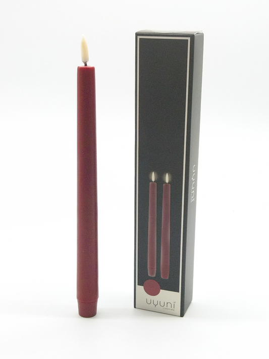 UYUNI REAL WAX FLAMELESS TAPER CANDLE, PAIR IN  CARMINE RED, 2.3 x 25.5cm.