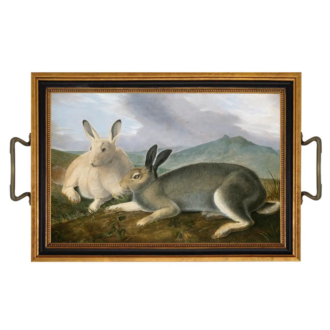ARCTIC HARE TRAY WITH BRASS HANDLES, 31 x 21cm.