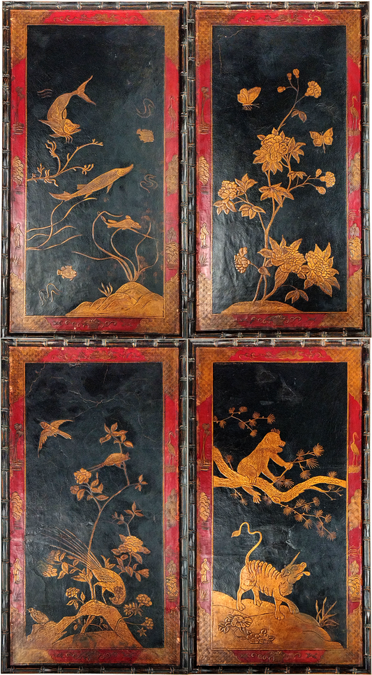 A SET OF FOUR ANTIQUE CHINESE PANELS ON LEATHER, CUSTOM MADE BAMBOO STYLE FRAMES, 50 x 90cm.
