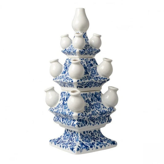 HEINEN DELFTS BLAUW, DELFT BLUE THREE TIER TULIP VASE, TOTAL HEIGHT 40cm.