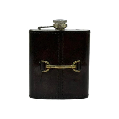 HIP FLASK, HAND CRAFTED IN LEATHER WITH STIRRUP DETAIL, 200ml, HEIGHT 12.5cm.