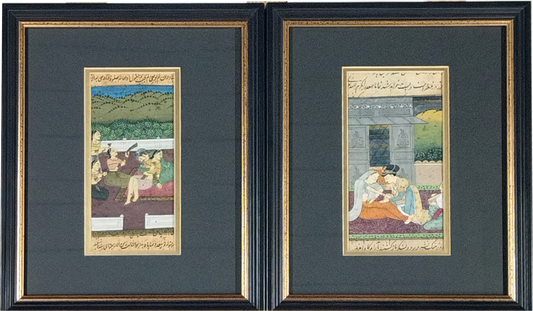 A PAIR OF TRADITIONAL MINIATURE INDIAN MUGHAL PAINTINGS ON PAPER, COURTING SCENES, IMAGE 7 x 16cm, CUSTOM MADE FRAME 23 x 28cm.