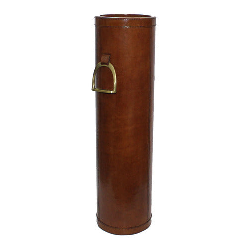 UMBRELLA & WALKING STICK HOLDER, HAND CRAFTED IN DARK TAN LEATHER WITH BRASS STIRRUP DETAIL, HEIGHT 66cm.