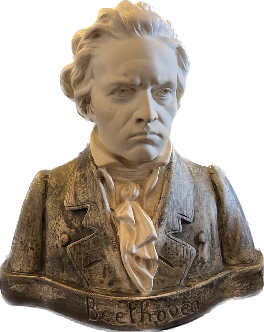 A HANDSOME CERAMIC BUST OF BEETHOVEN, 17 x 18 x 9cm.