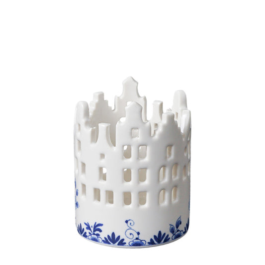 HEINEN DELFTS BLAUW CANAL HOUSES, DELFT BLUE TEA LIGHT HOLDER, SMALL, 7 x 9cm.