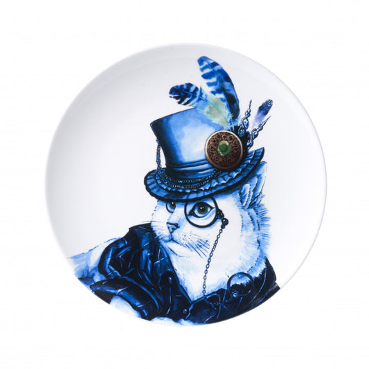 HEINEN DELFTS BLAUW WALL PLATE, CAT WITH HAT, 'POES MET HOED' 26cm.