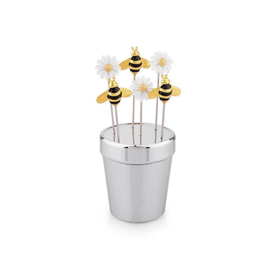 SET OF SIX SILVER PLATED AND ENAMEL BEE & DAISY COCKTAIL STICKS IN A FLOWER POT STAND, Pot 6cm x 45 x 4.5cm.
