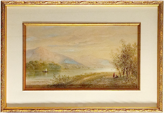 CORNELIUS PEARSON, LAKE SCENE, WATERCOLOUR, SIGNED AND DATED 1878 LOWER LEFT, IMAGE 40 x 24cm, CUSTOM MADE GOLD FRAME 54 x 38cm.