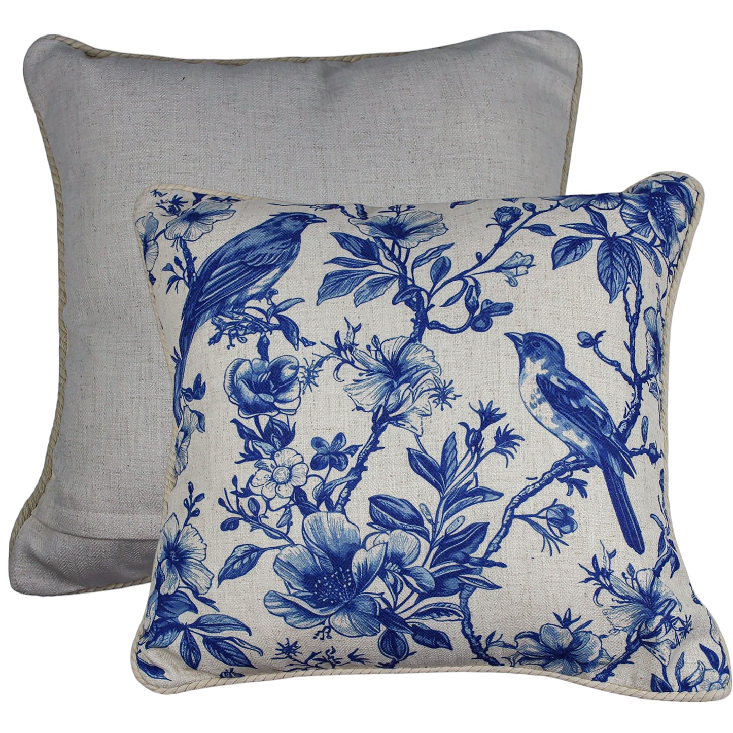 BLUE & WHITE BIRD MOTIF LINEN CUSHION, 50 x 50cm