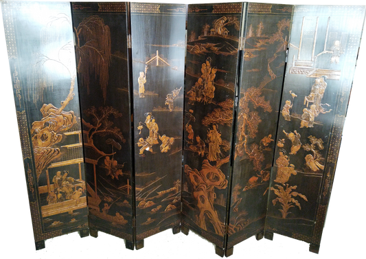 SIX PANEL 19TH CENTURY ANTIQUE CHINESE SCREEN, BLACK LACQUERED WOOD WITH GOLD DETAIL