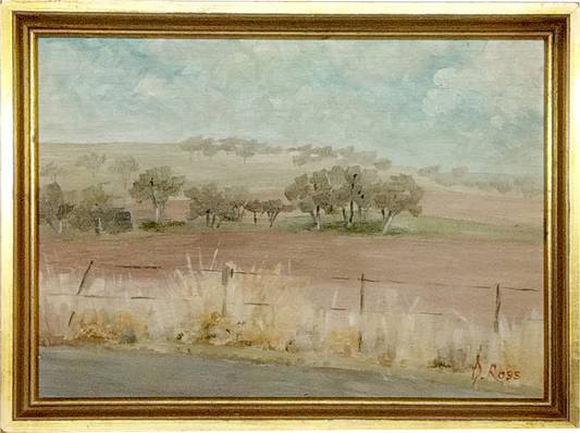 D. ROSS, ALONG THE ROAD, ACRYLIC ON BOARD, SIGNED LOWER RIGHT, IMAGE 34 x 24cm, ORIGINAL FRAME 38 X 28cm.