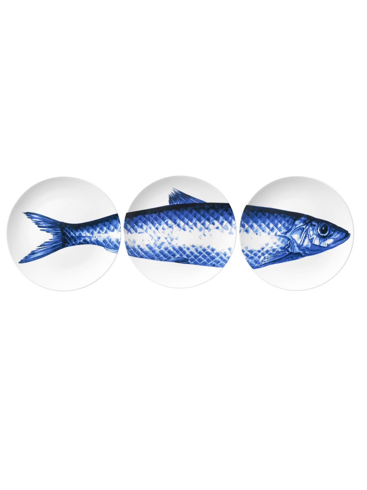 HEINEN DELFTS BLAUW, TRIPTYCH FISH WALL PLATES, DELFT BLUE, DIAMETER 26cm.