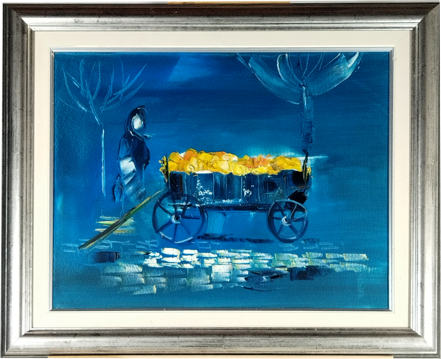 A DANISH MODERNIST PAINTING OF A FRUIT CART, OIL ON BOARD, IMAGE 49 x 39cm, ORIGINAL FRAME 64 x 54cm