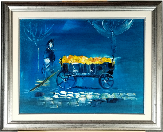 A DANISH MODERNIST PAINTING OF A FRUIT CART, OIL ON BOARD, IMAGE 49 x 39cm, ORIGINAL FRAME 64 x 54cm
