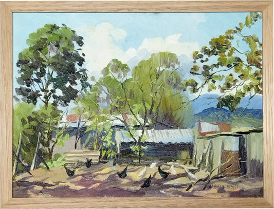 DONALD CAMERON (1927-2018) FARMYARD WITH CHICKENS, SIGNED LOWER RIGHT,IMAGE 30 x 40cm, CUSTOM MADE FRAME 44 x 34cm.