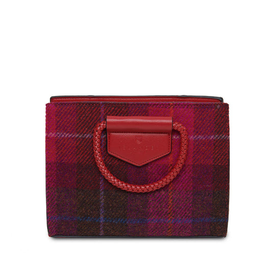 ISLANDER UK, THE AARAN TOTE,  FUCHSIA HERRINGBONE HARRIS TWEED WITH LEATHER, 24cm x 18.5cm x 9cm.