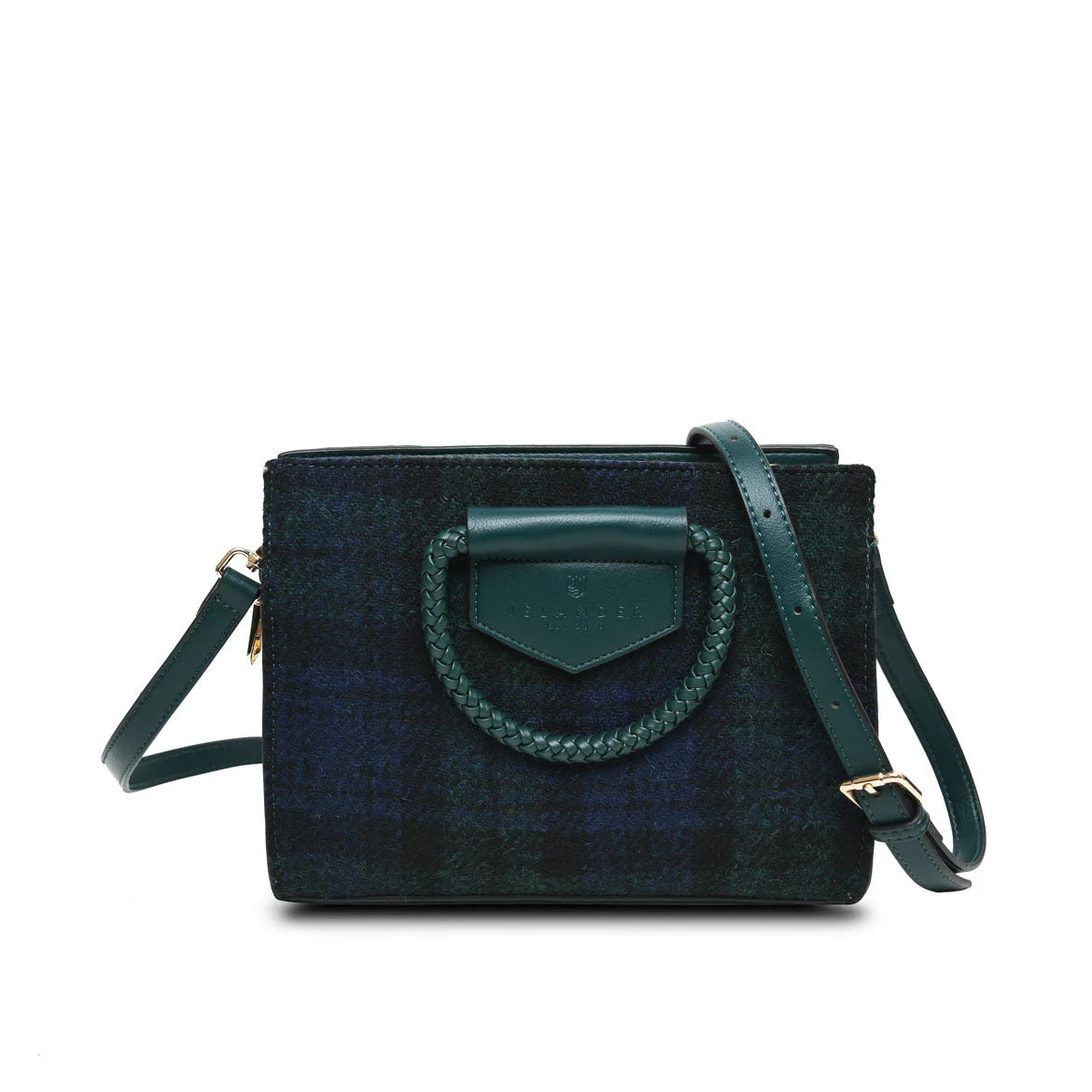 ISLANDER UK, THE AARAN TOTE,  BLACKWATCH HARRIS TWEED TARTAN WITH LEATHER, 24cm x 18.5cm x 9cm.