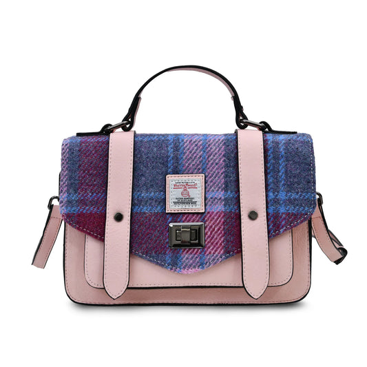 ISLANDER MEDIUM SATCHEL, PINK & BLUE HARRIS TWEED TARTAN, WITH DETACHABLE SHOULDER STRAP, 24 x 16 x 7cm.